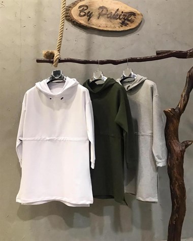 Beli Büzgülü Kapşonlu Sweat Tunik (EKRU)