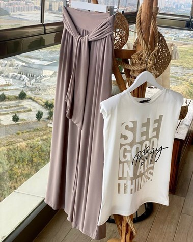 Beli Kuşaklı Etek Pantolon (Vizon)
