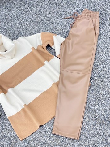 Beli Laskli Diz Dikiş Detaylı Deri Pantolon (Vizon)