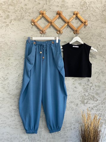 Beli Lastik Tasarım Cepli Şalvar Pantolon İndigo