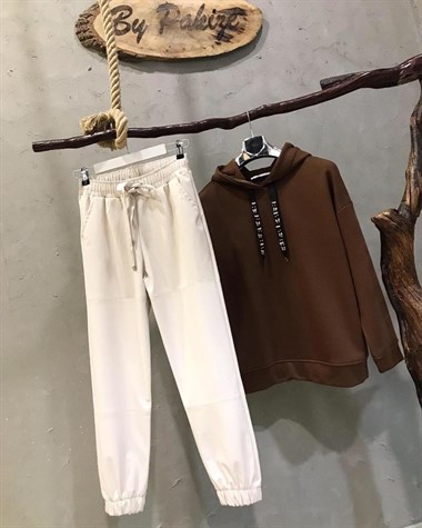 Beli Lastikli Deri Pantolon (EKRU)