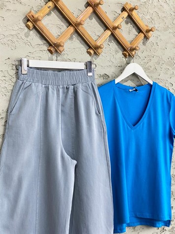 Beli Lastikli Keten Şalvar Pantolon (Bebe Mavisi)