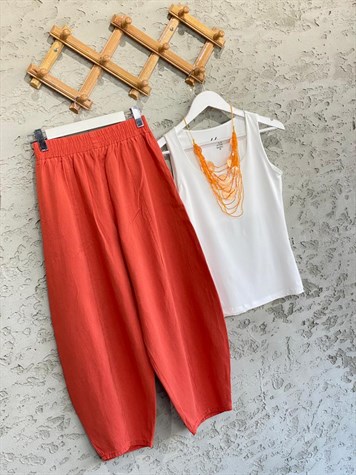 Beli Lastikli Keten Şalvar Pantolon (Kiremit)