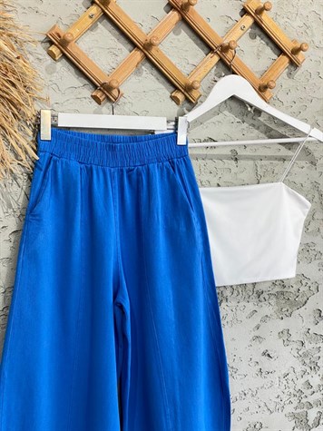 Beli Lastikli Keten Şalvar Pantolon (Mavi)