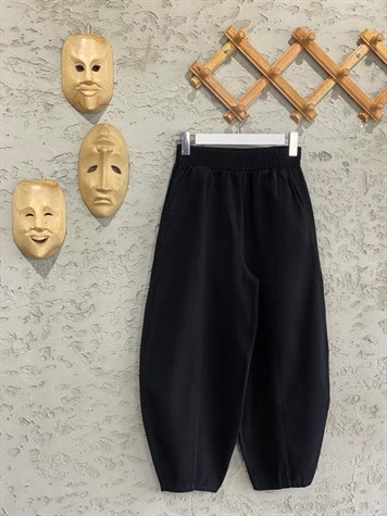 Beli Lastikli Keten Şalvar Pantolon (Siyah)
