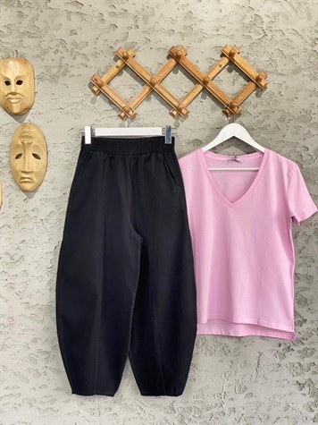 Beli Lastikli Keten Şalvar Pantolon (Siyah)