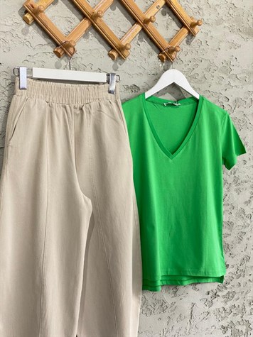 Beli Lastikli Keten Şalvar Pantolon (Taş)