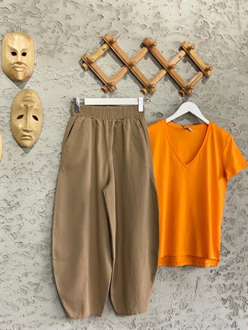 Beli Lastikli Keten Şalvar Pantolon (Vizon)