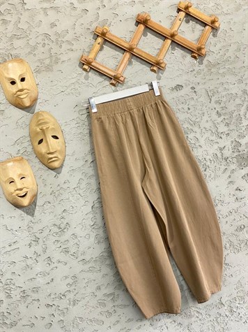 Beli Lastikli Keten Şalvar Pantolon (Vizon)
