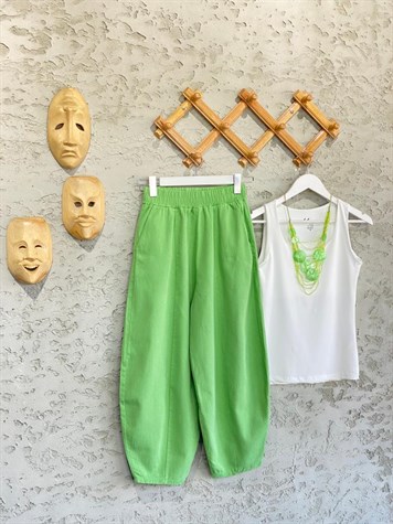 Beli Lastikli Keten Şalvar Pantolon (Yeşil)