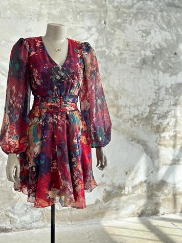 Beli Lastikli Kuşaklı Sulu Boya Elbise (Kırmızı)