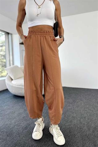 Beli Lastikli Önden Çımalı Şalvar Pantolon (Taba)