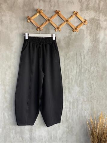 Beli Lastikli Önden Çımalı Şalvar Pantolon (Siyah)