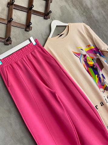 Beli Lastikli Önden Çımalı Şalvar Pantolon (Pembe)