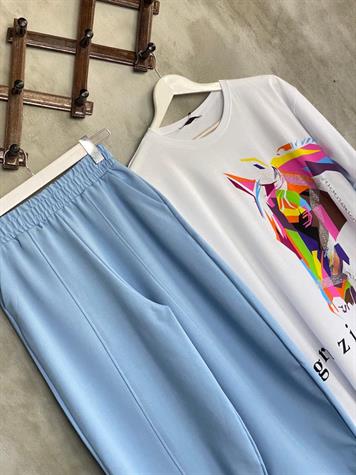 Beli Lastikli Önden Çımalı Şalvar Pantolon (Açık Mavi)