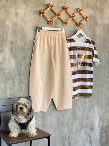 Beli Lastikli Önden Çımalı Şalvar Pantolon (Bej)