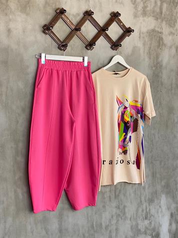 Beli Lastikli Önden Çımalı Şalvar Pantolon (Pembe)