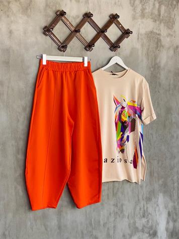 Beli Lastikli Önden Çımalı Şalvar Pantolon (Oranj)
