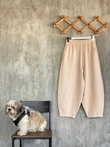 Beli Lastikli Önden Çımalı Şalvar Pantolon (Bej)