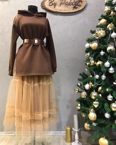 Beli Lastikli Uzun Tütü Etek (BEJ)