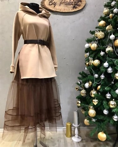 Beli Lastikli Uzun Tütü Etek (KAHVE)
