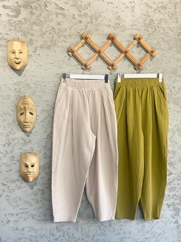 Beli Piliseli Müslin Pantolon (Yağ Yeşili)