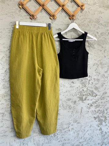 Beli Piliseli Müslin Pantolon (Yağ Yeşili)