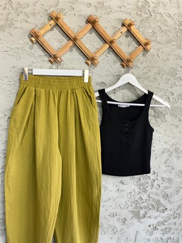 Beli Piliseli Müslin Pantolon (Yağ Yeşili)