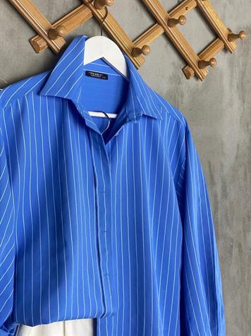 Beyaz Çizgili Oversize Poplin Gömlek (Mavi)
