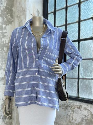 Beyaz Şerit Çizgili Oversize Keten Gömlek (Mavi)