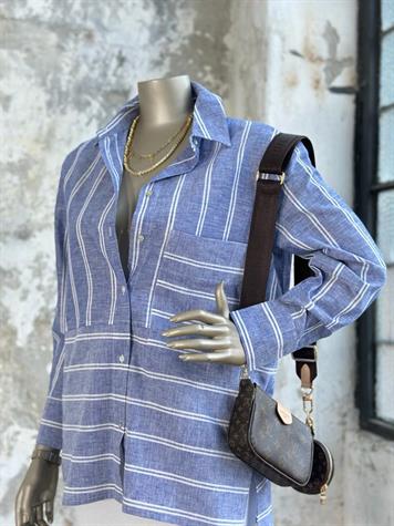 Beyaz Şerit Çizgili Oversize Keten Gömlek (Mavi)