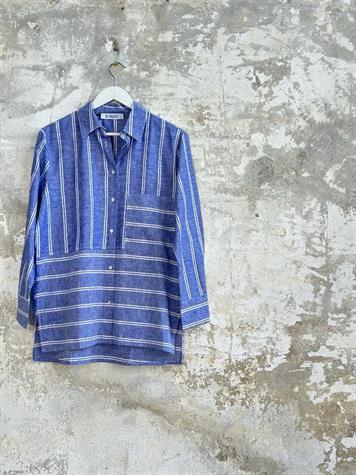 Beyaz Şerit Çizgili Oversize Keten Gömlek (Mavi)