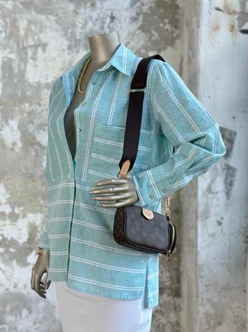 Beyaz Şerit Çizgili Oversize Keten Gömlek (Su Yeşili)