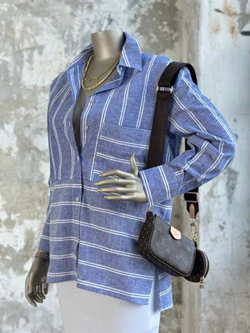 Beyaz Şerit Çizgili Oversize Keten Gömlek (Mavi)
