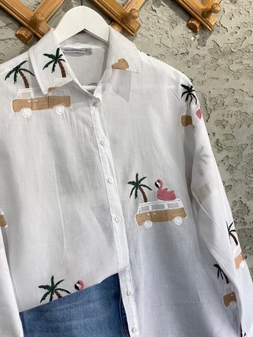 Beyaz Tasarım Flamingo Nakış İşlemeli Polo Yaka Detaylı Oversize Tropiko Gömlek