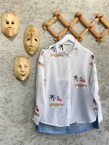 Beyaz Tasarım Flamingo Nakış İşlemeli Polo Yaka Detaylı Oversize Tropiko Gömlek