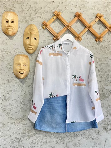 Beyaz Tasarım Flamingo Nakış İşlemeli Polo Yaka Detaylı Oversize Tropiko Gömlek