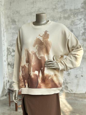 Bisiklet Yaka At Baskılı Sweat (Bej)