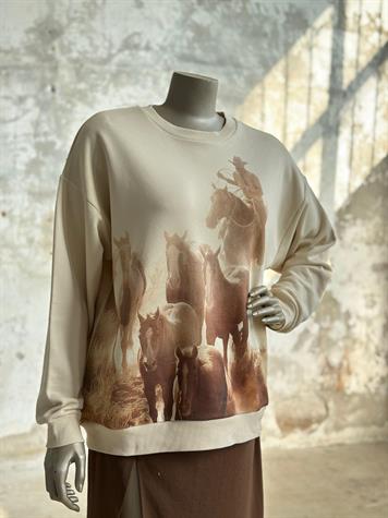 Bisiklet Yaka At Baskılı Sweat (Bej)