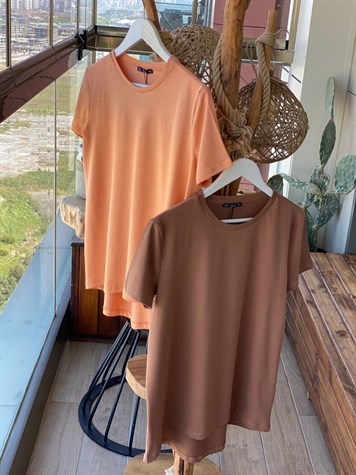 Bisiklet Yaka Basic Tshirt (Şeftali & Fındık Rengi)