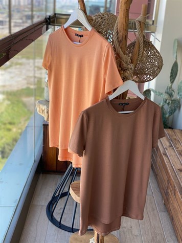 Bisiklet Yaka Basic Tshirt (Şeftali & Fındık Rengi)