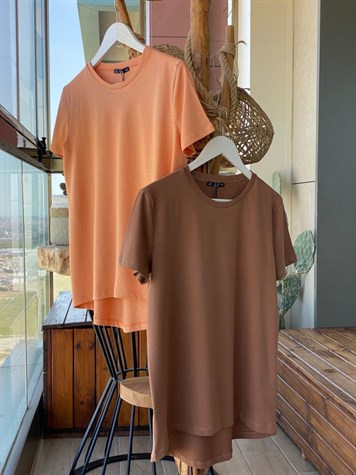 Bisiklet Yaka Basic Tshirt (Şeftali & Fındık Rengi)