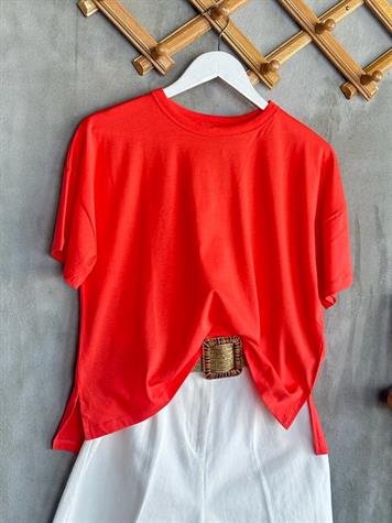 Bisiklet Yaka Oversize Tişört (Nar Çiçeği)