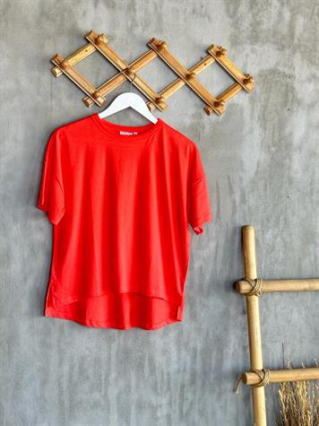 Bisiklet Yaka Oversize Tişört (Nar Çiçeği)