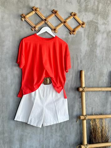 Bisiklet Yaka Oversize Tişört (Nar Çiçeği)