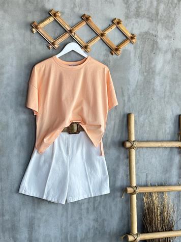 Bisiklet Yaka Oversize Tişört (Somon)