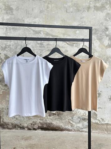 Bisiklet Yaka Penye T-Shirt (Beyaz/Siyah/Bej)