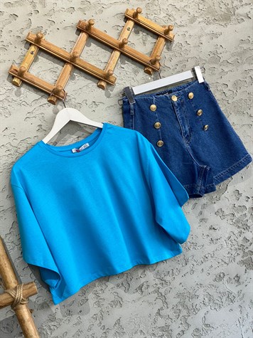 Crop Yarasa Kol T-shırt (Mavi)