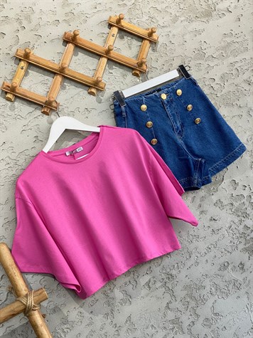 Crop Yarasa Kol T-shırt (Pembe)
