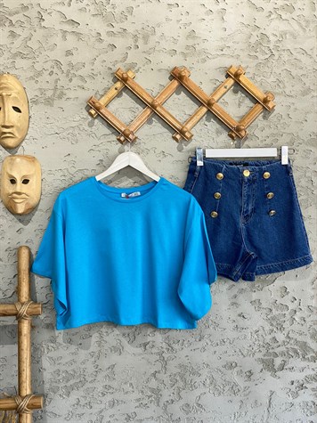 Crop Yarasa Kol T-shırt (Mavi)